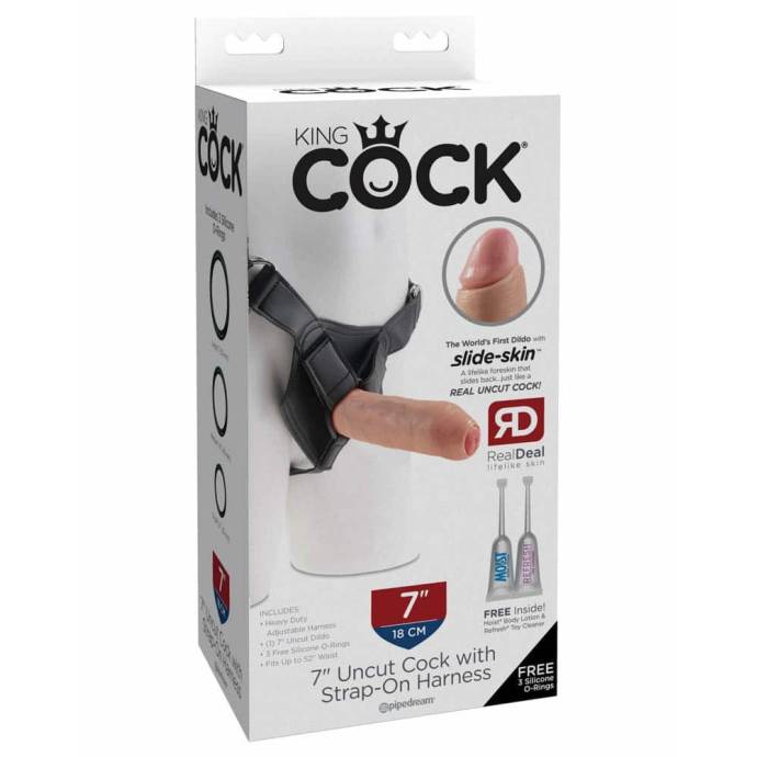 King Cock 7" Uncut with Strap on Harness - Flesh