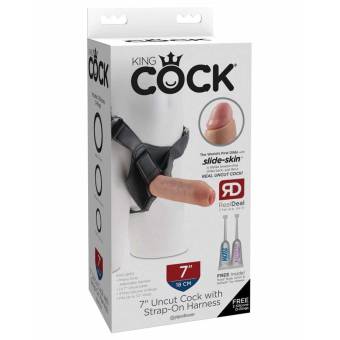 King Cock 7" Uncut with Strap on Harness - Flesh