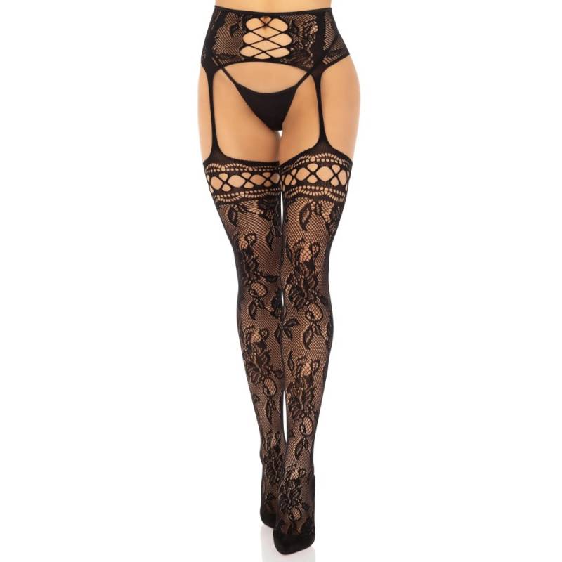 Rose Backseam Stockings with Garter Belt - Black O/S