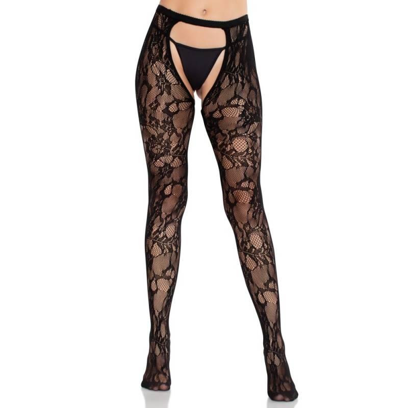 Rose Lace Crotchless Tights with Open Back - Black O/S